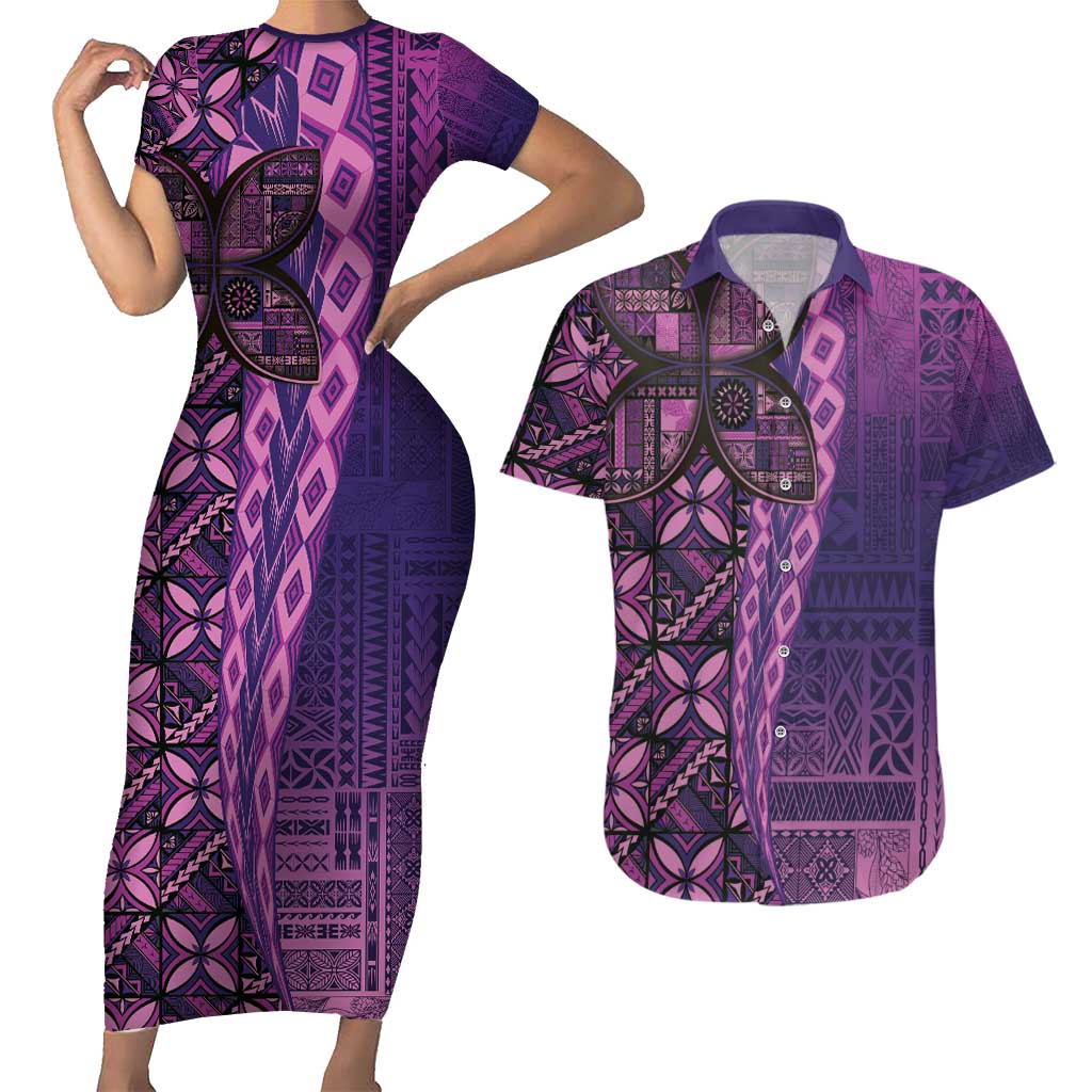 Samoan Pacific Tribal Flower Geometric Art Tattoos Couples Matching Short Sleeve Bodycon Dress and Hawaiian Shirt Siapo Pattern Purple Haze LT03 Purple - Polynesian Pride