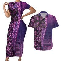 Samoan Pacific Tribal Flower Geometric Art Tattoos Couples Matching Short Sleeve Bodycon Dress and Hawaiian Shirt Siapo Pattern Purple Haze LT03 Purple - Polynesian Pride