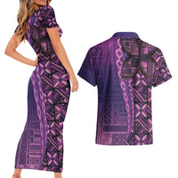 Samoan Pacific Tribal Flower Geometric Art Tattoos Couples Matching Short Sleeve Bodycon Dress and Hawaiian Shirt Siapo Pattern Purple Haze LT03 - Polynesian Pride