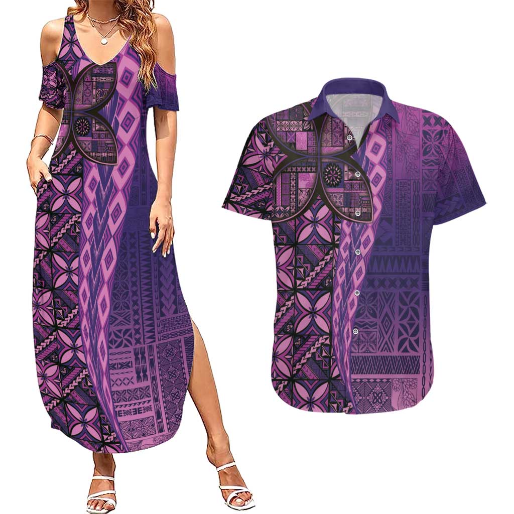 Samoan Pacific Tribal Flower Geometric Art Tattoos Couples Matching Summer Maxi Dress and Hawaiian Shirt Siapo Pattern Purple Haze LT03 Purple - Polynesian Pride