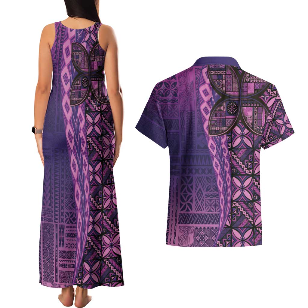 Samoan Pacific Tribal Flower Geometric Art Tattoos Couples Matching Tank Maxi Dress and Hawaiian Shirt Siapo Pattern Purple Haze LT03 - Polynesian Pride