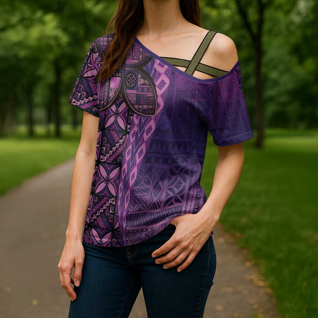 Samoan Pacific Tribal Flower Geometric Art Tattoos Cross Shoulder Shirt Siapo Pattern Purple Haze - Polynesian Pride