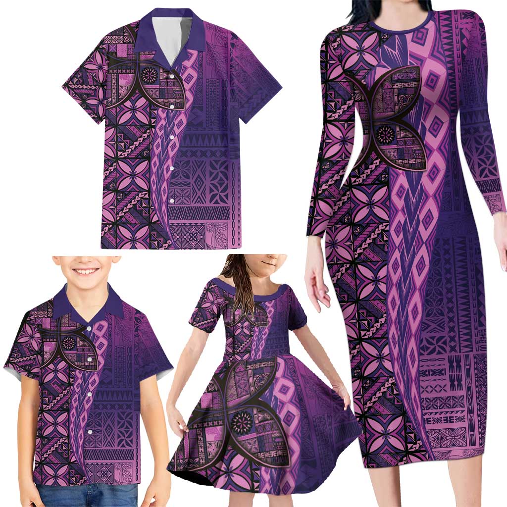 Samoan Pacific Tribal Flower Geometric Art Tattoos Family Matching Long Sleeve Bodycon Dress and Hawaiian Shirt Siapo Pattern Purple Haze LT03 - Polynesian Pride