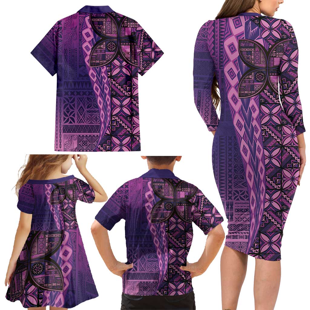 Samoan Pacific Tribal Flower Geometric Art Tattoos Family Matching Long Sleeve Bodycon Dress and Hawaiian Shirt Siapo Pattern Purple Haze LT03 - Polynesian Pride