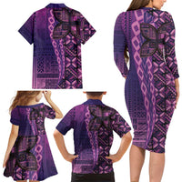Samoan Pacific Tribal Flower Geometric Art Tattoos Family Matching Long Sleeve Bodycon Dress and Hawaiian Shirt Siapo Pattern Purple Haze LT03 - Polynesian Pride