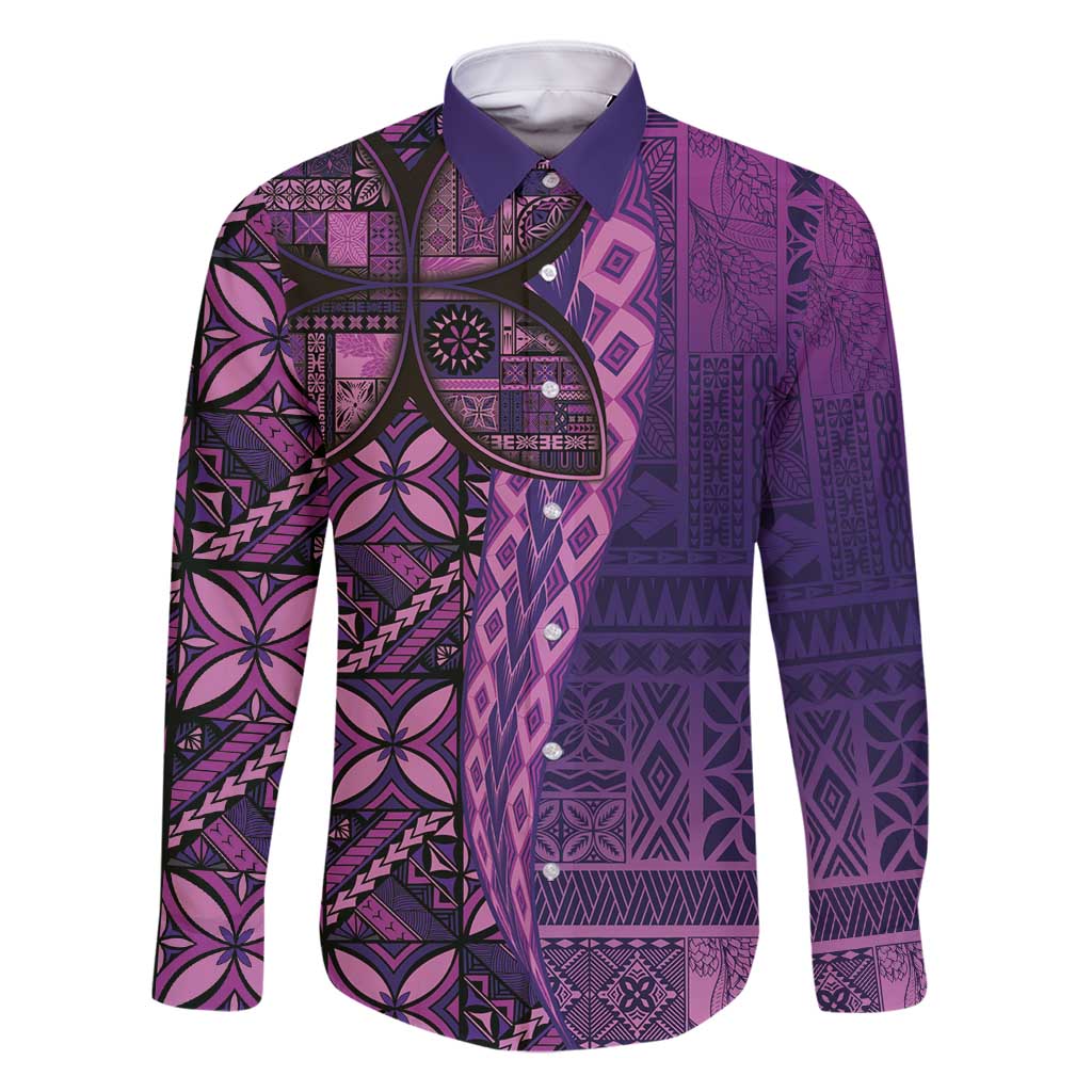 Samoan Pacific Tribal Flower Geometric Art Tattoos Family Matching Long Sleeve Bodycon Dress and Hawaiian Shirt Siapo Pattern Purple Haze LT03 Dad's Shirt - Long Sleeve Purple - Polynesian Pride