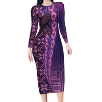 Samoan Pacific Tribal Flower Geometric Art Tattoos Family Matching Long Sleeve Bodycon Dress and Hawaiian Shirt Siapo Pattern Purple Haze LT03 Mom's Dress Purple - Polynesian Pride