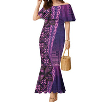 Samoan Pacific Tribal Flower Geometric Art Tattoos Family Matching Mermaid Dress and Hawaiian Shirt Siapo Pattern Purple Haze LT03 Mom's Dress Purple - Polynesian Pride