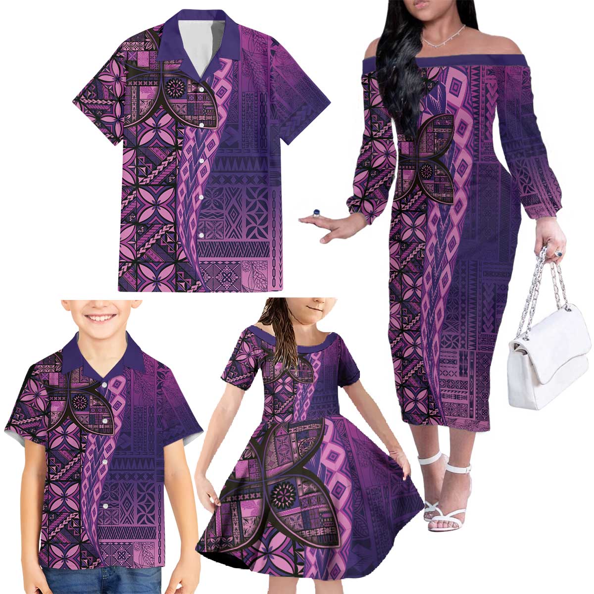 Samoan Pacific Tribal Flower Geometric Art Tattoos Family Matching Off The Shoulder Long Sleeve Dress and Hawaiian Shirt Siapo Pattern Purple Haze LT03 - Polynesian Pride