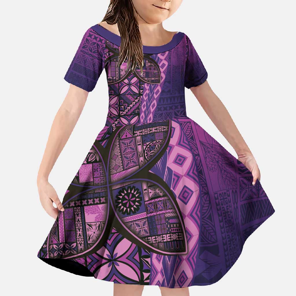 Samoan Pacific Tribal Flower Geometric Art Tattoos Family Matching Off Shoulder Maxi Dress and Hawaiian Shirt Siapo Pattern Purple Haze LT03 Daughter's Dress Purple - Polynesian Pride