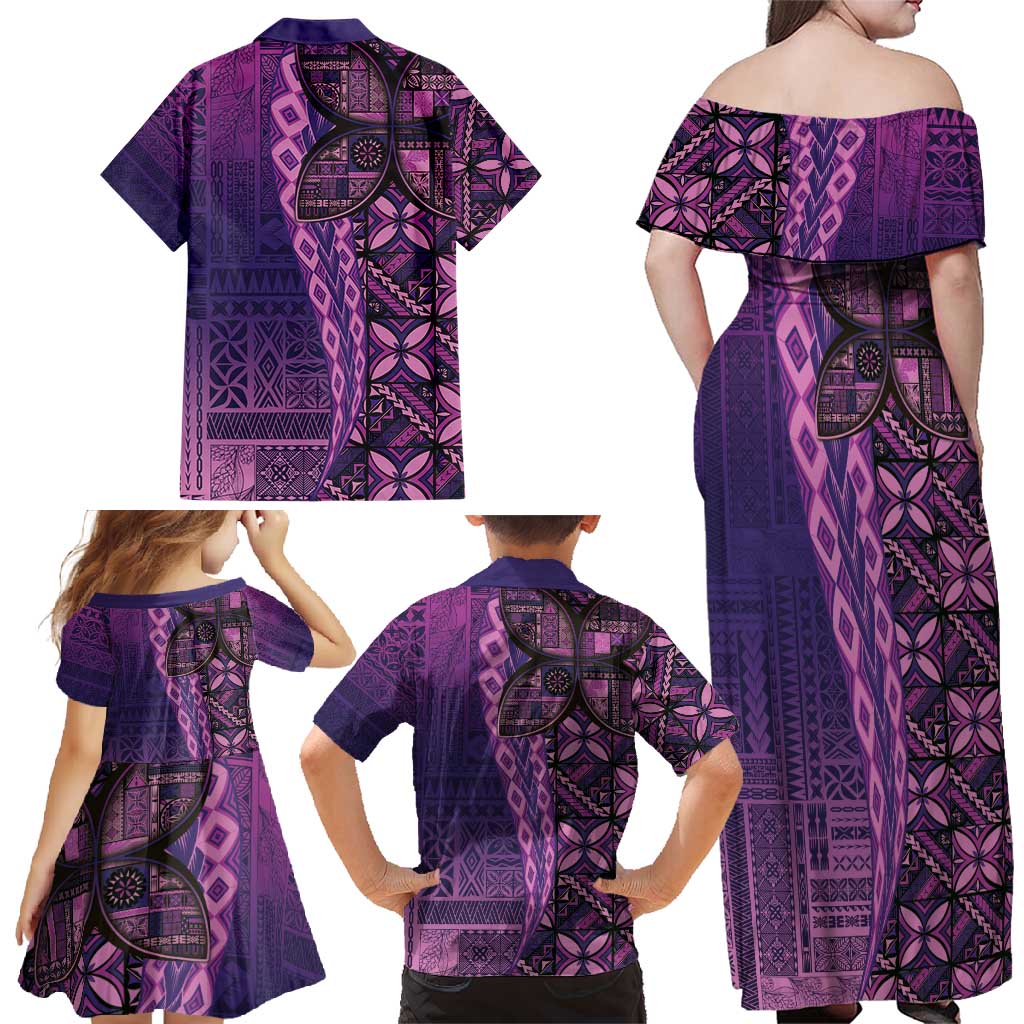 Samoan Pacific Tribal Flower Geometric Art Tattoos Family Matching Off Shoulder Maxi Dress and Hawaiian Shirt Siapo Pattern Purple Haze LT03 - Polynesian Pride