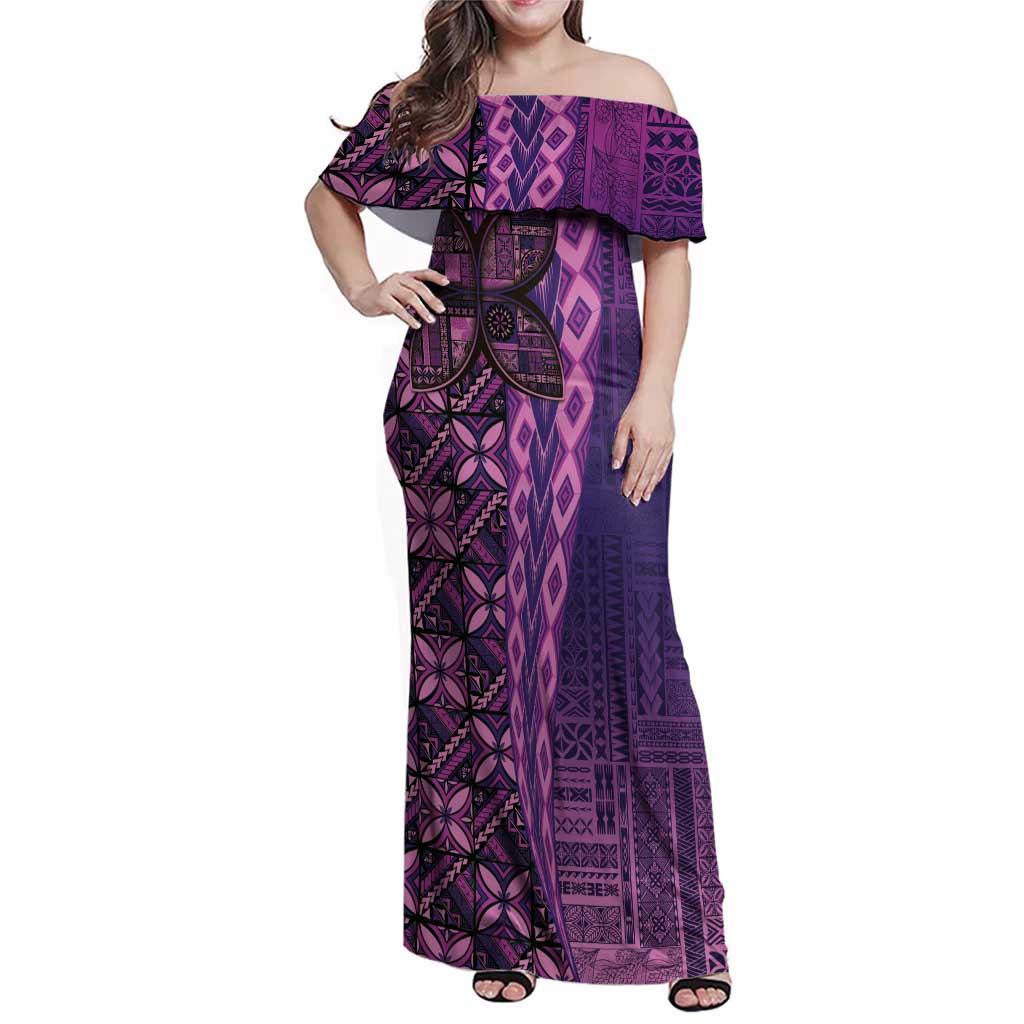 Samoan Pacific Tribal Flower Geometric Art Tattoos Family Matching Off Shoulder Maxi Dress and Hawaiian Shirt Siapo Pattern Purple Haze LT03 Mom's Dress Purple - Polynesian Pride