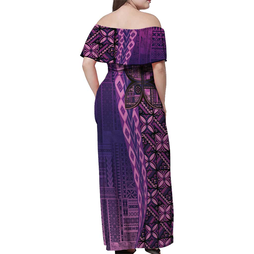 Samoan Pacific Tribal Flower Geometric Art Tattoos Family Matching Off Shoulder Maxi Dress and Hawaiian Shirt Siapo Pattern Purple Haze LT03 - Polynesian Pride