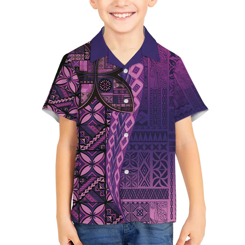 Samoan Pacific Tribal Flower Geometric Art Tattoos Family Matching Off Shoulder Maxi Dress and Hawaiian Shirt Siapo Pattern Purple Haze LT03 Son's Shirt Purple - Polynesian Pride