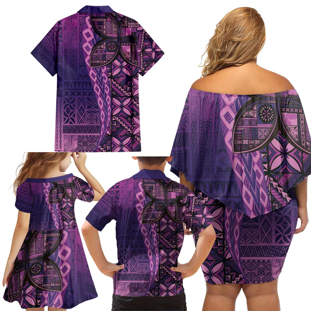 Samoan Pacific Tribal Flower Geometric Art Tattoos Family Matching Off Shoulder Short Dress and Hawaiian Shirt Siapo Pattern Purple Haze LT03 - Polynesian Pride