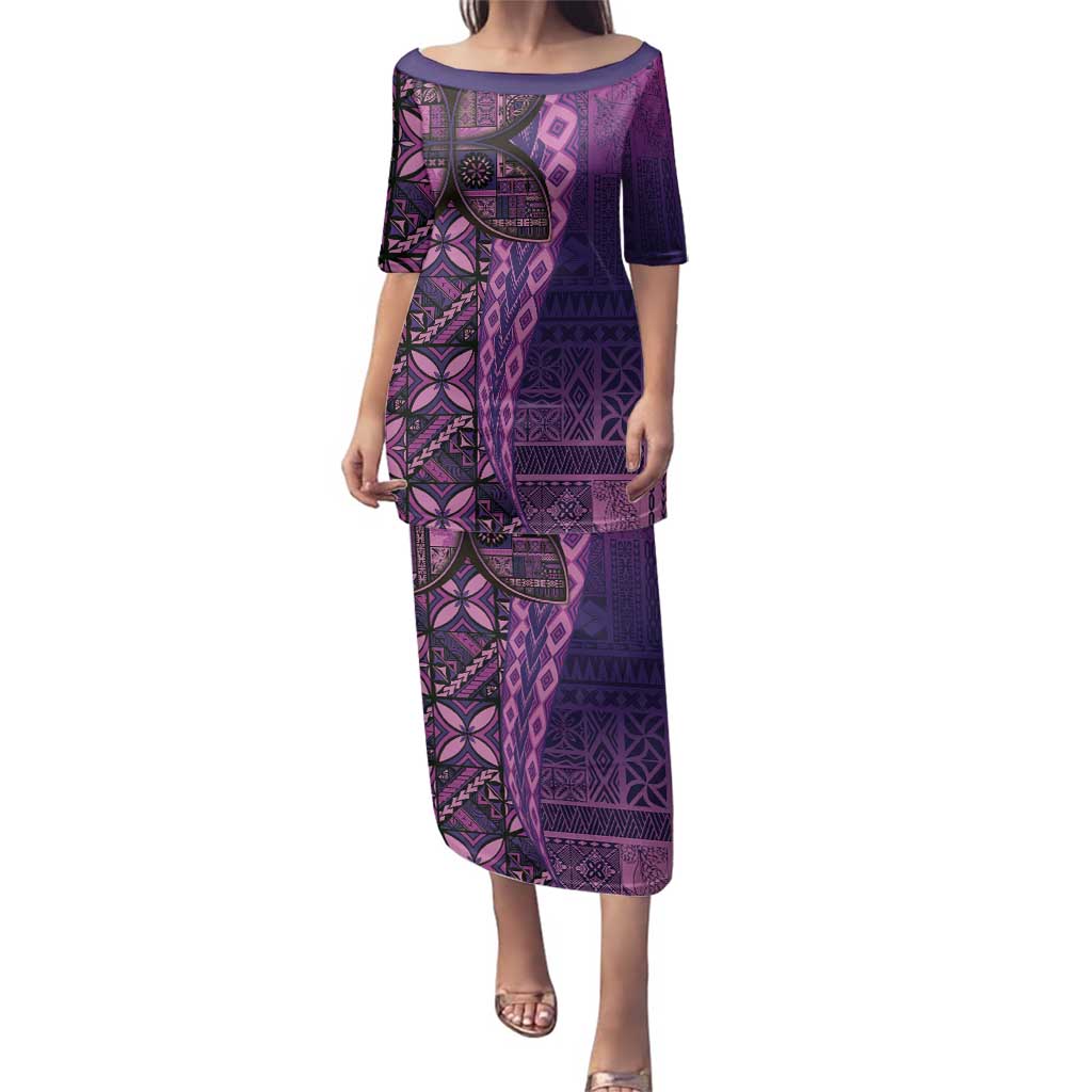 Samoan Pacific Tribal Flower Geometric Art Tattoos Family Matching Puletasi and Hawaiian Shirt Siapo Pattern Purple Haze LT03 Mom's Dress Purple - Polynesian Pride
