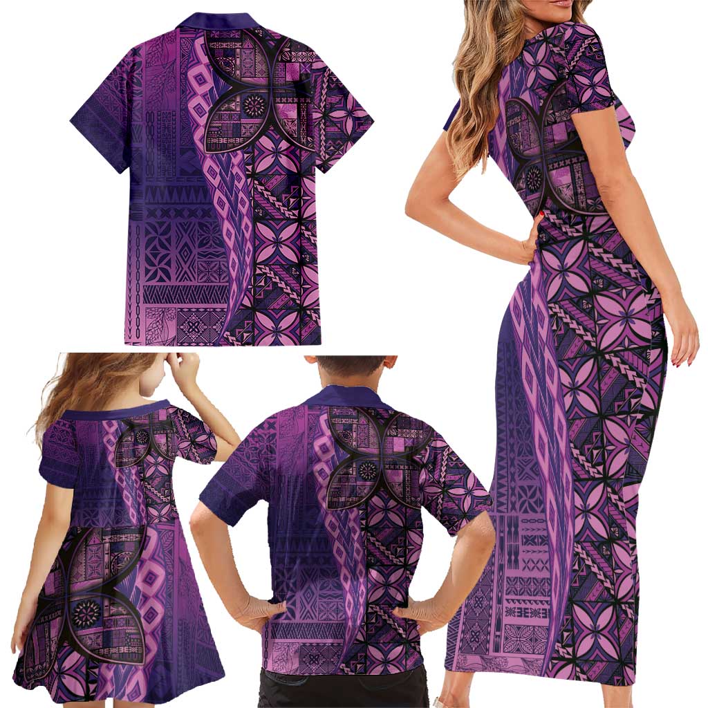 Samoan Pacific Tribal Flower Geometric Art Tattoos Family Matching Short Sleeve Bodycon Dress and Hawaiian Shirt Siapo Pattern Purple Haze LT03 - Polynesian Pride