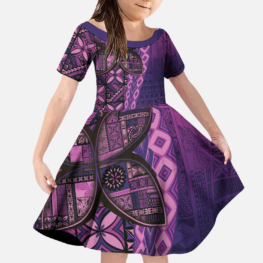 Samoan Pacific Tribal Flower Geometric Art Tattoos Family Matching Summer Maxi Dress and Hawaiian Shirt Siapo Pattern Purple Haze LT03 Daughter's Dress Purple - Polynesian Pride