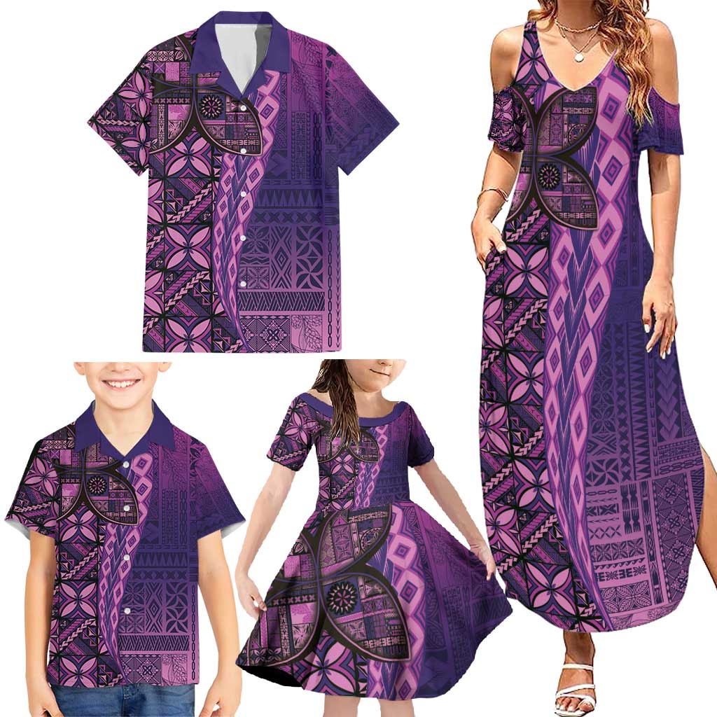 Samoan Pacific Tribal Flower Geometric Art Tattoos Family Matching Summer Maxi Dress and Hawaiian Shirt Siapo Pattern Purple Haze LT03 - Polynesian Pride
