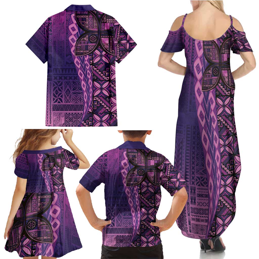 Samoan Pacific Tribal Flower Geometric Art Tattoos Family Matching Summer Maxi Dress and Hawaiian Shirt Siapo Pattern Purple Haze LT03 - Polynesian Pride