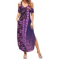 Samoan Pacific Tribal Flower Geometric Art Tattoos Family Matching Summer Maxi Dress and Hawaiian Shirt Siapo Pattern Purple Haze LT03 Mom's Dress Purple - Polynesian Pride