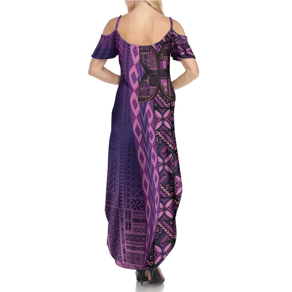 Samoan Pacific Tribal Flower Geometric Art Tattoos Family Matching Summer Maxi Dress and Hawaiian Shirt Siapo Pattern Purple Haze LT03 - Polynesian Pride