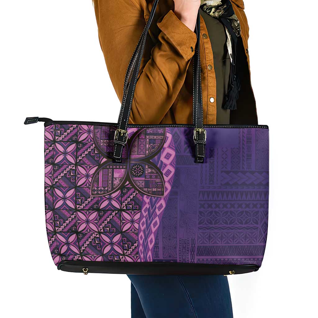 Samoan Pacific Tribal Flower Geometric Art Tattoos Leather Tote Bag Siapo Pattern Purple Haze - Polynesian Pride