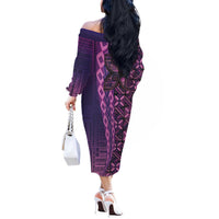 Samoan Pacific Tribal Flower Geometric Art Tattoos Off The Shoulder Long Sleeve Dress Siapo Pattern Purple Haze - Polynesian Pride