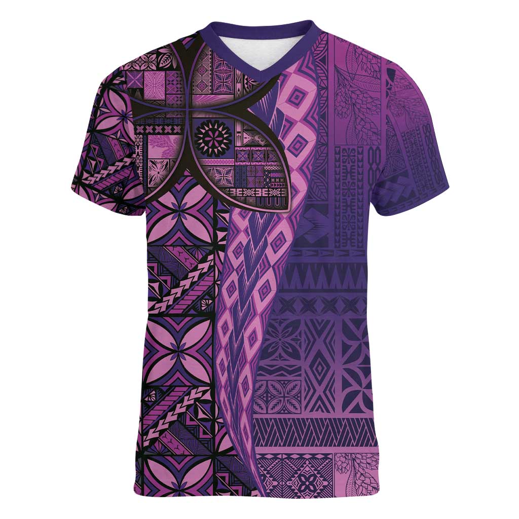 Samoan Pacific Tribal Flower Geometric Art Tattoos Women V-Neck T-Shirt Siapo Pattern Purple Haze - Polynesian Pride
