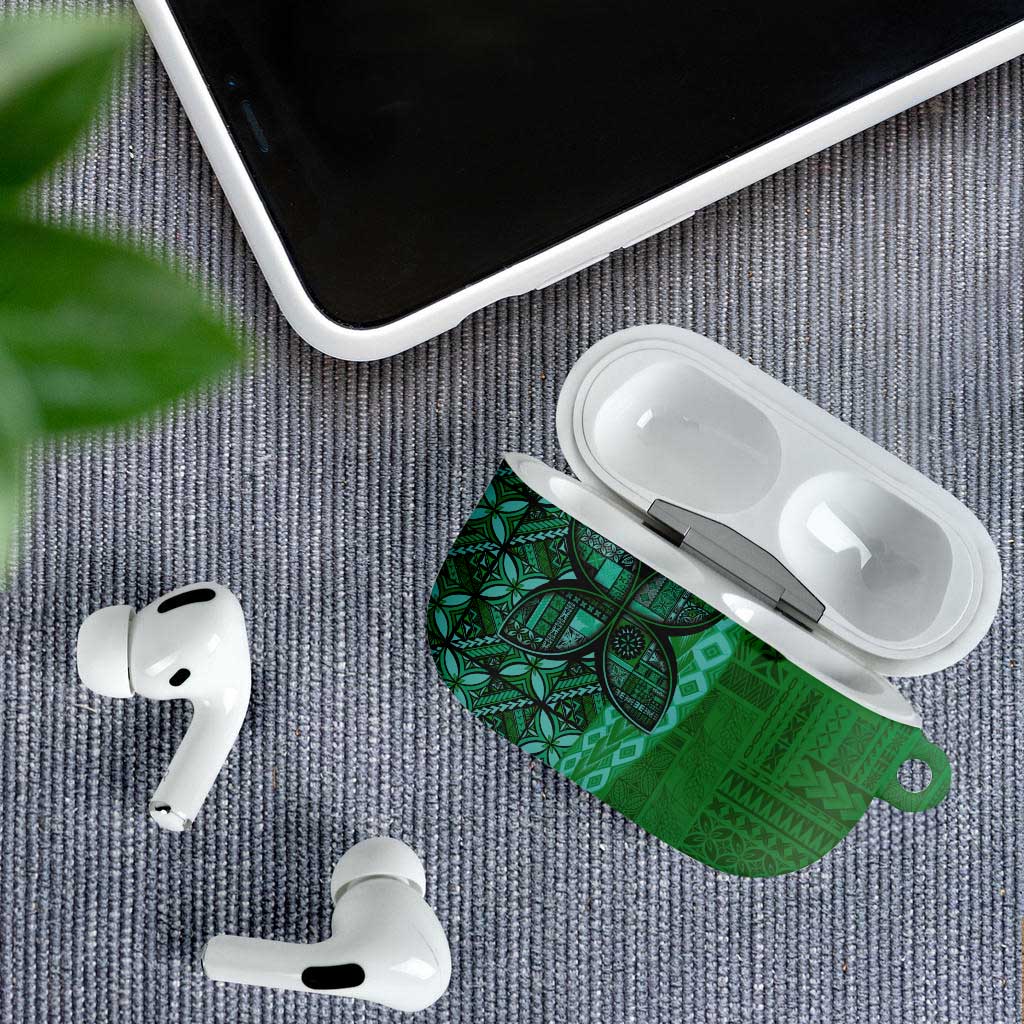 Samoan Pacific Tribal Flower Geometric Art Tattoos AirPods Case Siapo Pattern Emerald Glow - Polynesian Pride