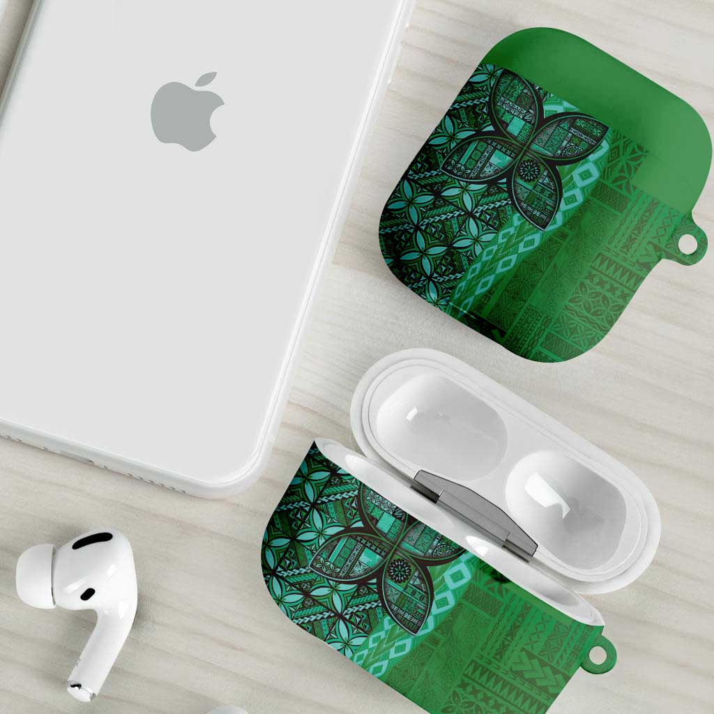 Samoan Pacific Tribal Flower Geometric Art Tattoos AirPods Case Siapo Pattern Emerald Glow - Polynesian Pride