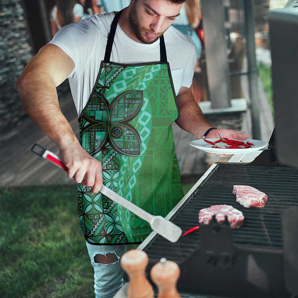 Samoan Pacific Tribal Flower Geometric Art Tattoos Apron Siapo Pattern Emerald Glow - Polynesian Pride