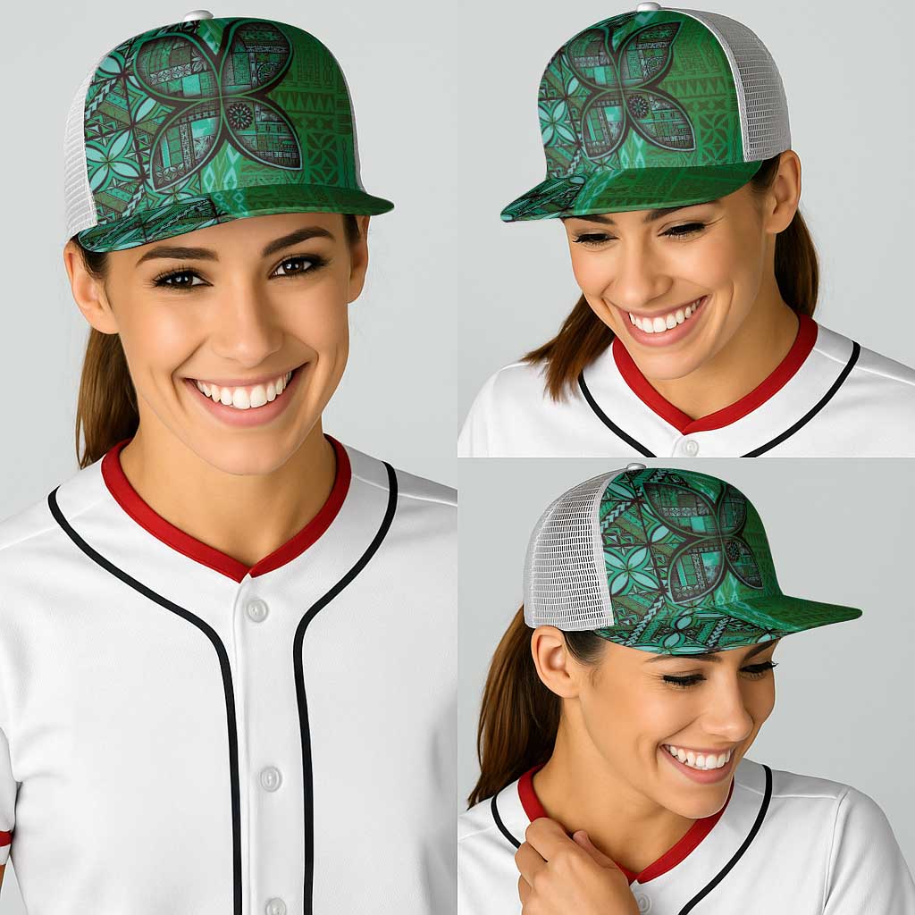 Samoan Pacific Tribal Flower Geometric Art Tattoos Baseball Net Cap Siapo Pattern Emerald Glow - Polynesian Pride