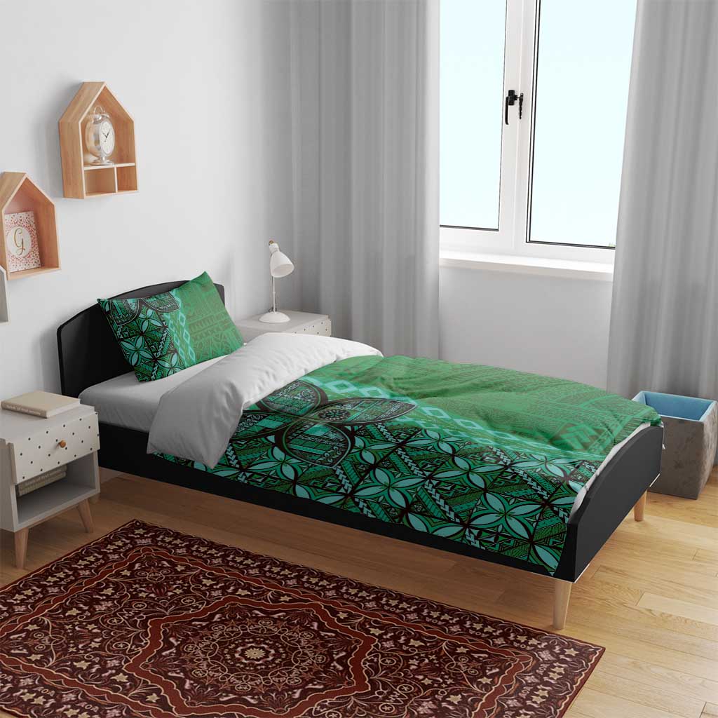 Samoan Pacific Tribal Flower Geometric Art Tattoos Bedding Set Siapo Pattern Emerald Glow - Polynesian Pride