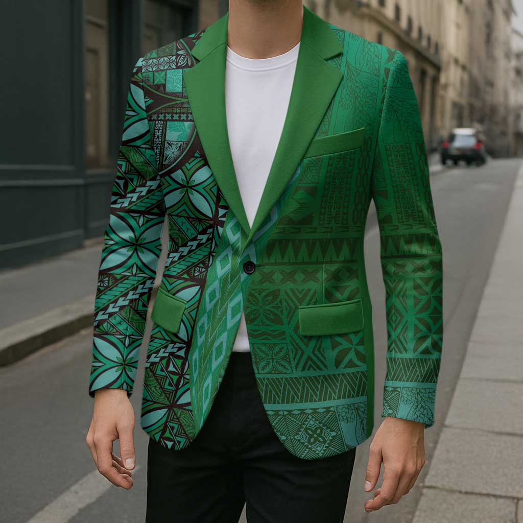 Samoan Pacific Tribal Flower Geometric Art Tattoos Blazer Siapo Pattern Emerald Glow - Polynesian Pride