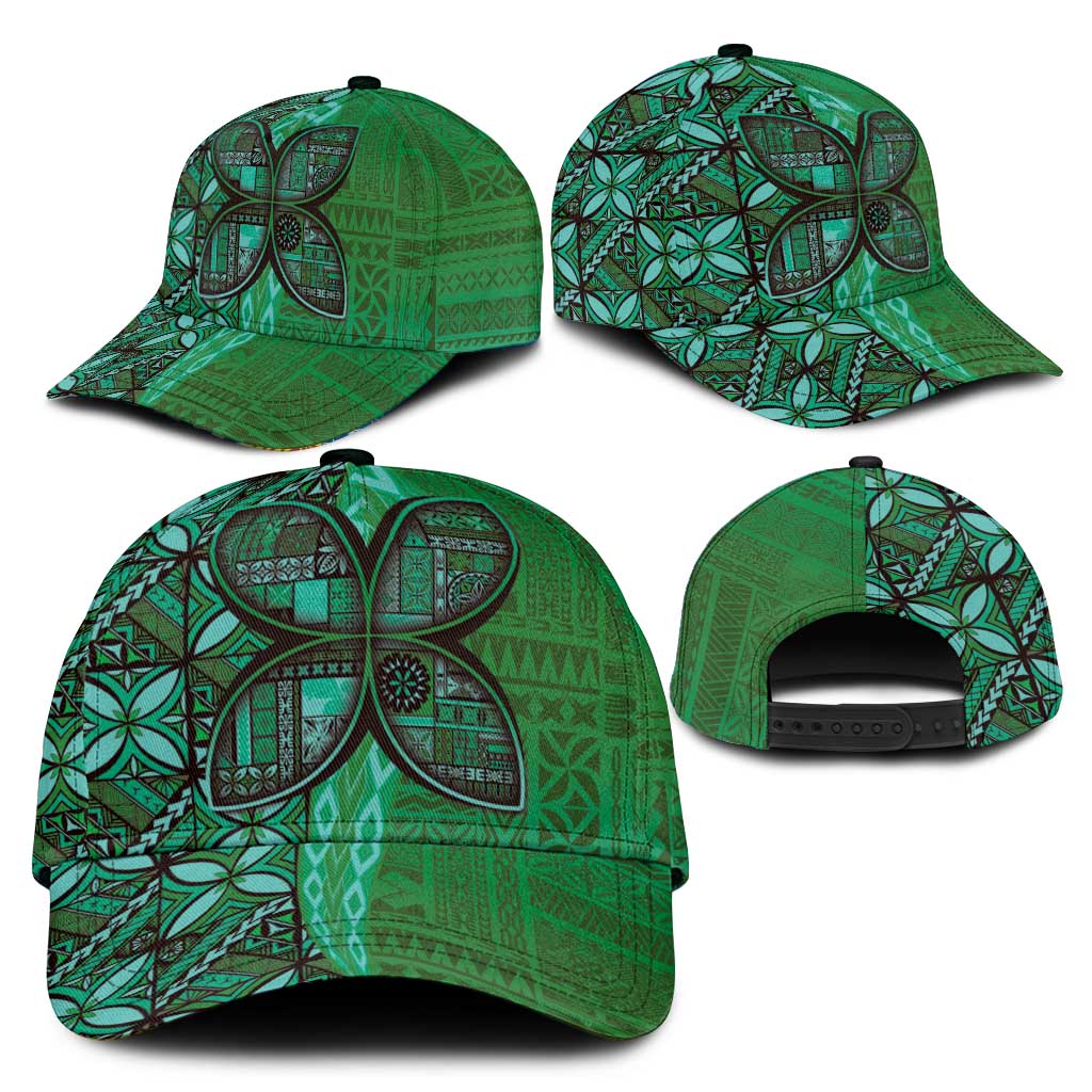 Samoan Pacific Tribal Flower Geometric Art Tattoos Classic Cap Siapo Pattern Emerald Glow - Polynesian Pride