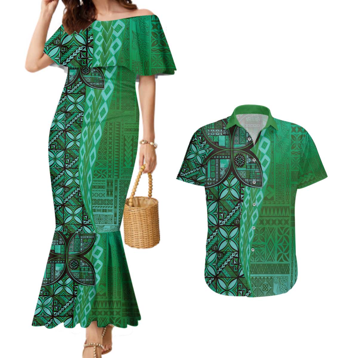 Samoan Pacific Tribal Flower Geometric Art Tattoos Couples Matching Mermaid Dress and Hawaiian Shirt Siapo Pattern Emerald Glow - Polynesian Pride