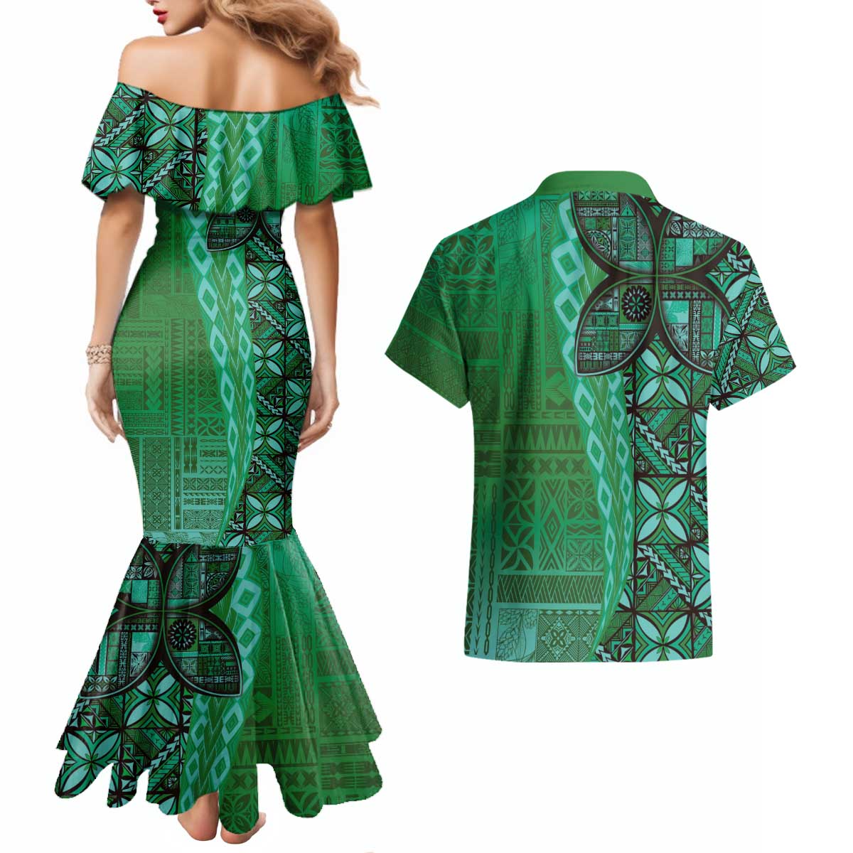 Samoan Pacific Tribal Flower Geometric Art Tattoos Couples Matching Mermaid Dress and Hawaiian Shirt Siapo Pattern Emerald Glow - Polynesian Pride