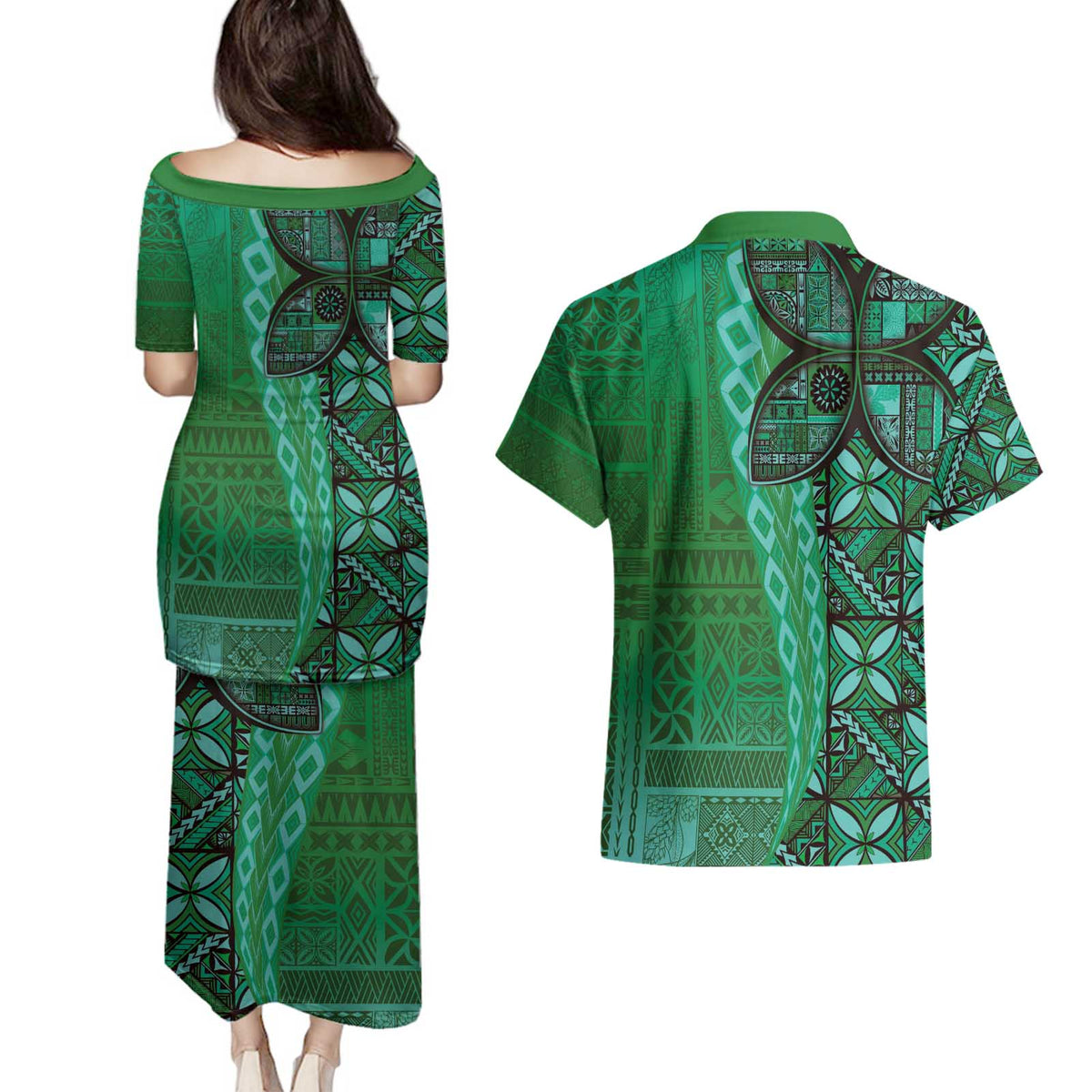 Samoan Pacific Tribal Flower Geometric Art Tattoos Couples Matching Puletasi and Hawaiian Shirt Siapo Pattern Emerald Glow - Polynesian Pride