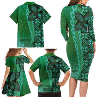 Samoan Pacific Tribal Flower Geometric Art Tattoos Family Matching Long Sleeve Bodycon Dress and Hawaiian Shirt Siapo Pattern Emerald Glow LT03 - Polynesian Pride