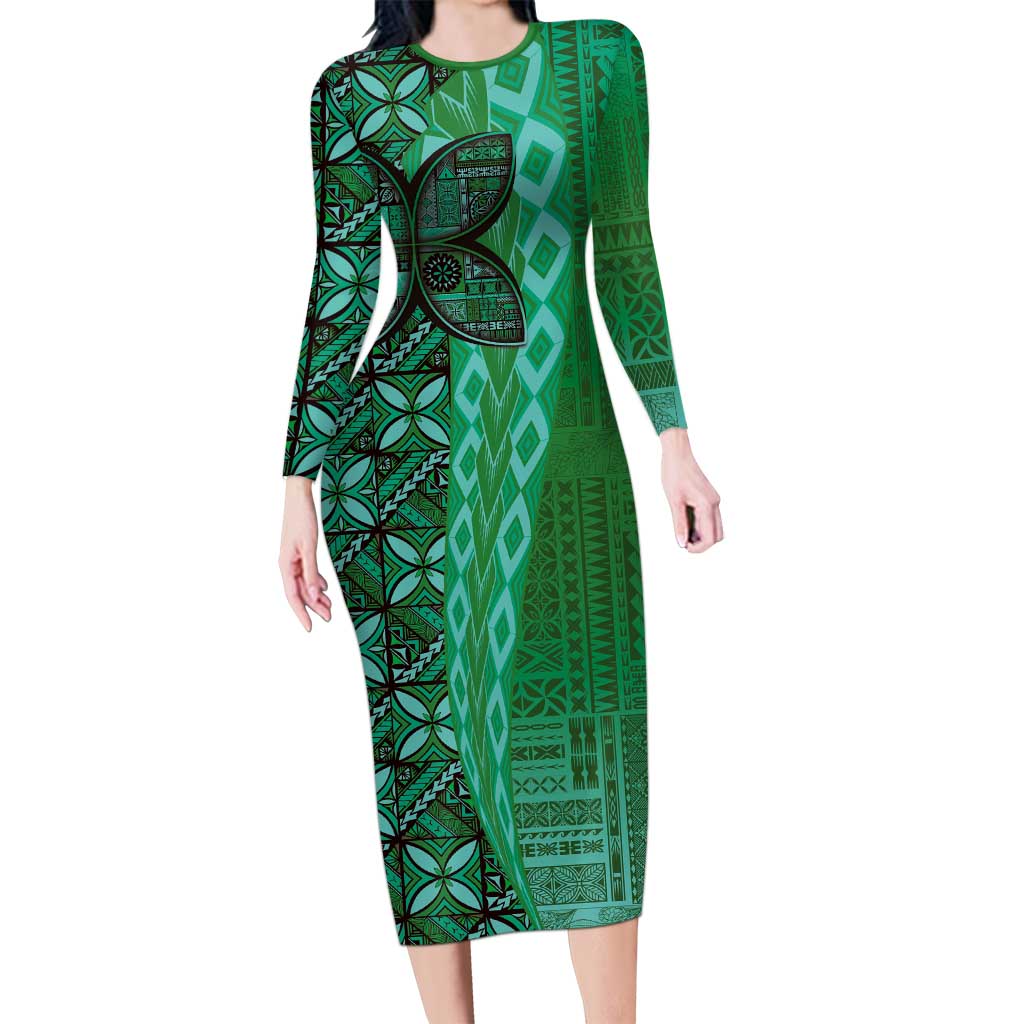 Samoan Pacific Tribal Flower Geometric Art Tattoos Family Matching Long Sleeve Bodycon Dress and Hawaiian Shirt Siapo Pattern Emerald Glow LT03 Mom's Dress Green - Polynesian Pride