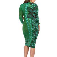 Samoan Pacific Tribal Flower Geometric Art Tattoos Family Matching Long Sleeve Bodycon Dress and Hawaiian Shirt Siapo Pattern Emerald Glow LT03 - Polynesian Pride