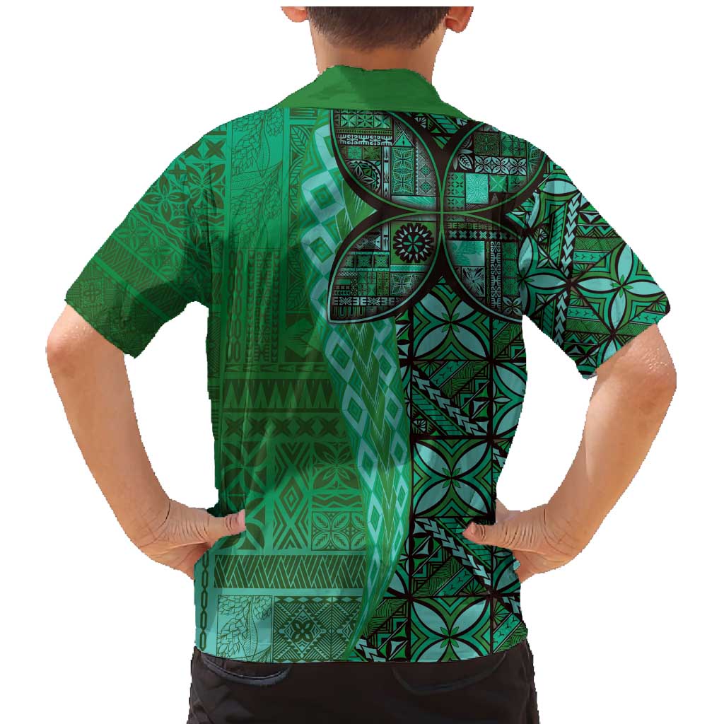 Samoan Pacific Tribal Flower Geometric Art Tattoos Family Matching Mermaid Dress and Hawaiian Shirt Siapo Pattern Emerald Glow LT03 - Polynesian Pride