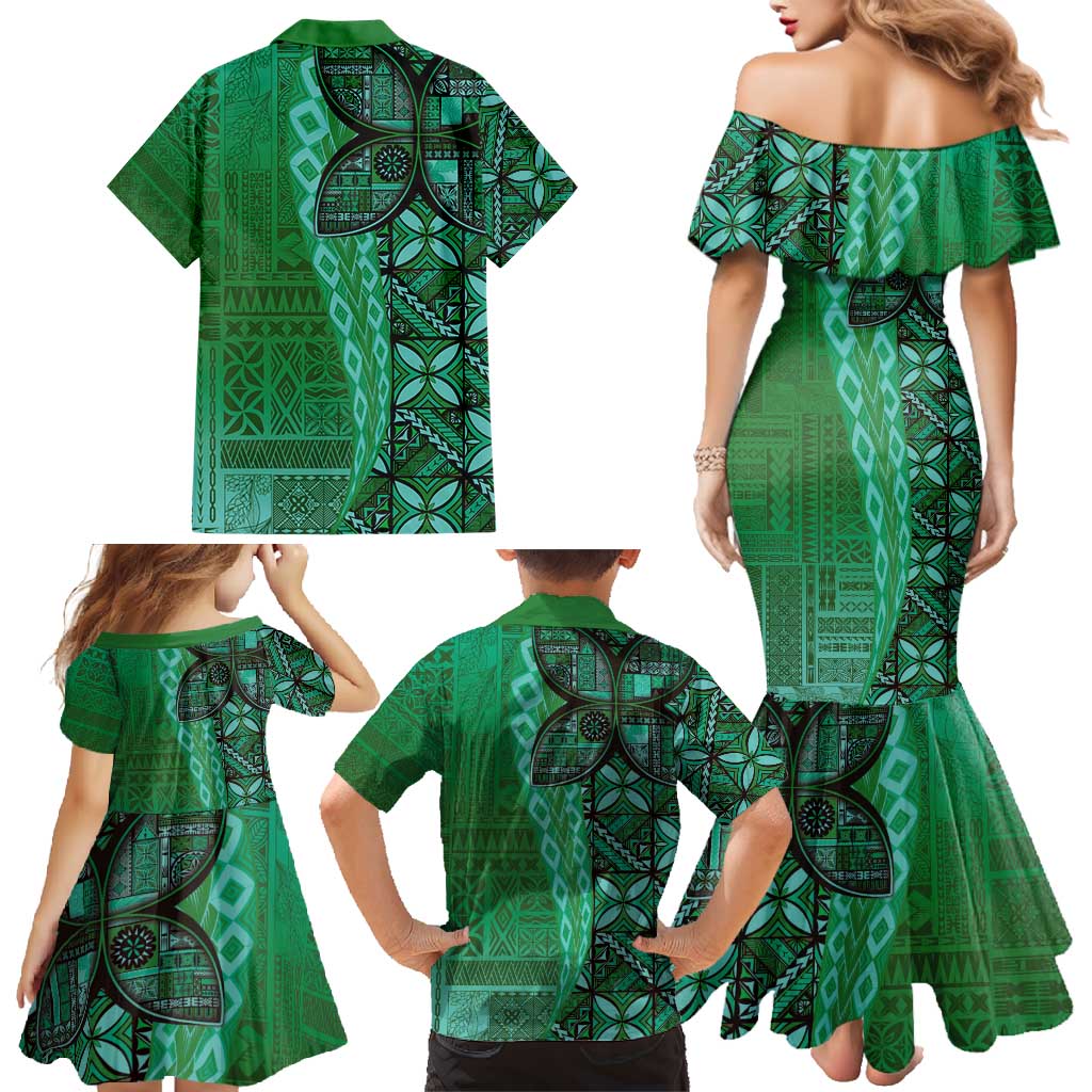 Samoan Pacific Tribal Flower Geometric Art Tattoos Family Matching Mermaid Dress and Hawaiian Shirt Siapo Pattern Emerald Glow LT03 - Polynesian Pride
