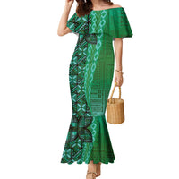 Samoan Pacific Tribal Flower Geometric Art Tattoos Family Matching Mermaid Dress and Hawaiian Shirt Siapo Pattern Emerald Glow LT03 Mom's Dress Green - Polynesian Pride