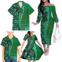 Samoan Pacific Tribal Flower Geometric Art Tattoos Family Matching Off The Shoulder Long Sleeve Dress and Hawaiian Shirt Siapo Pattern Emerald Glow LT03 - Polynesian Pride