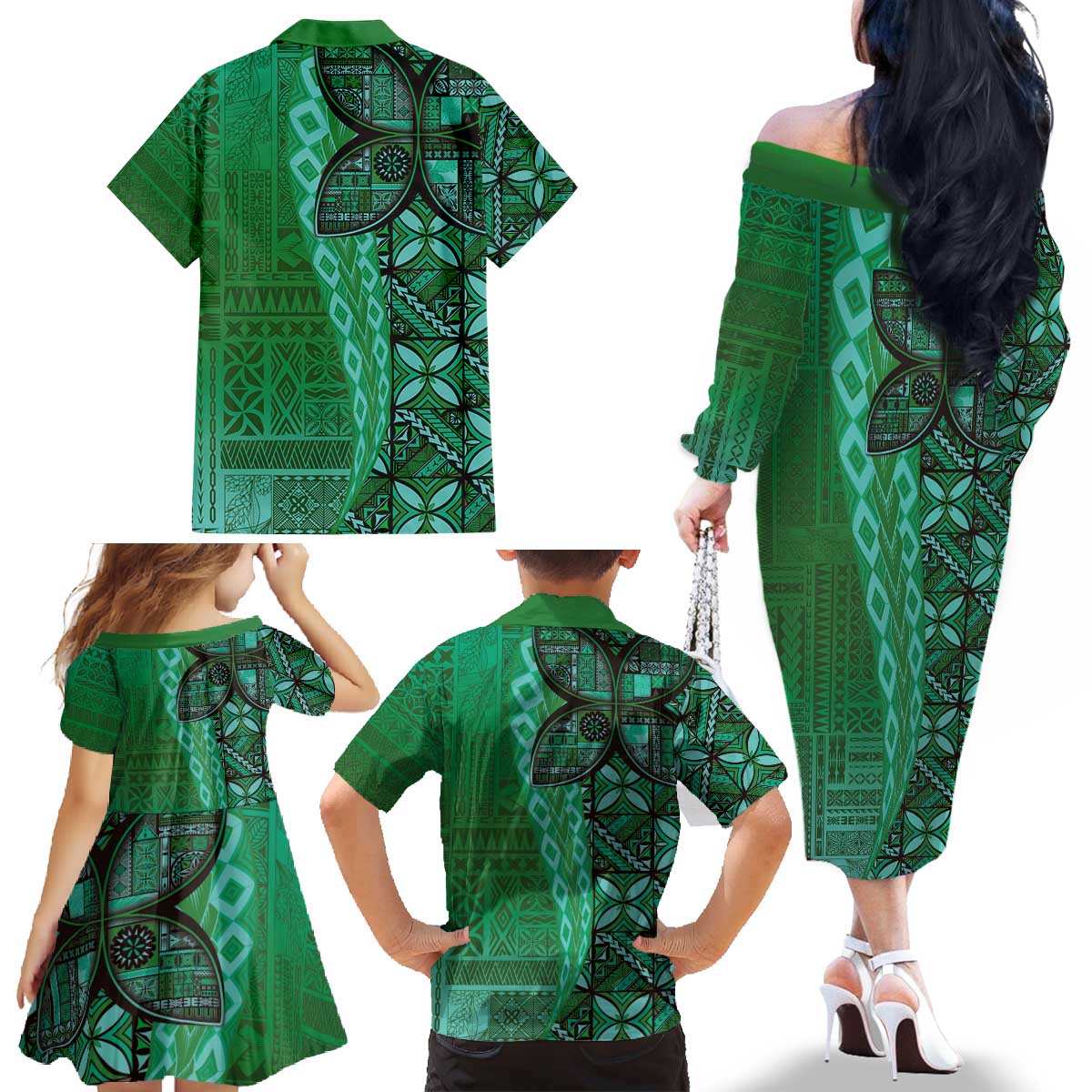 Samoan Pacific Tribal Flower Geometric Art Tattoos Family Matching Off The Shoulder Long Sleeve Dress and Hawaiian Shirt Siapo Pattern Emerald Glow LT03 - Polynesian Pride
