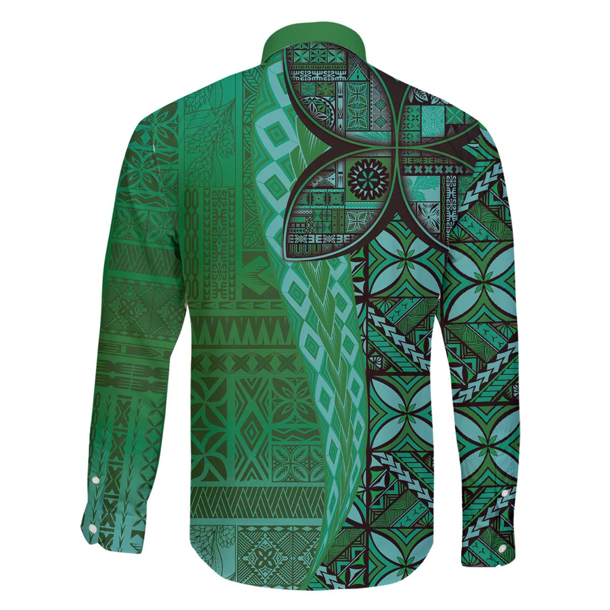 Samoan Pacific Tribal Flower Geometric Art Tattoos Family Matching Off The Shoulder Long Sleeve Dress and Hawaiian Shirt Siapo Pattern Emerald Glow LT03 - Polynesian Pride