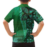 Samoan Pacific Tribal Flower Geometric Art Tattoos Family Matching Off Shoulder Maxi Dress and Hawaiian Shirt Siapo Pattern Emerald Glow LT03 - Polynesian Pride