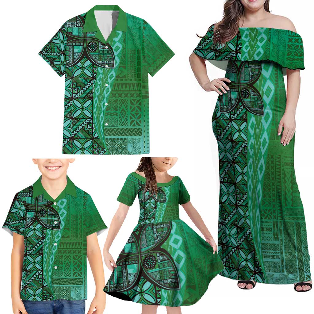 Samoan Pacific Tribal Flower Geometric Art Tattoos Family Matching Off Shoulder Maxi Dress and Hawaiian Shirt Siapo Pattern Emerald Glow LT03 - Polynesian Pride